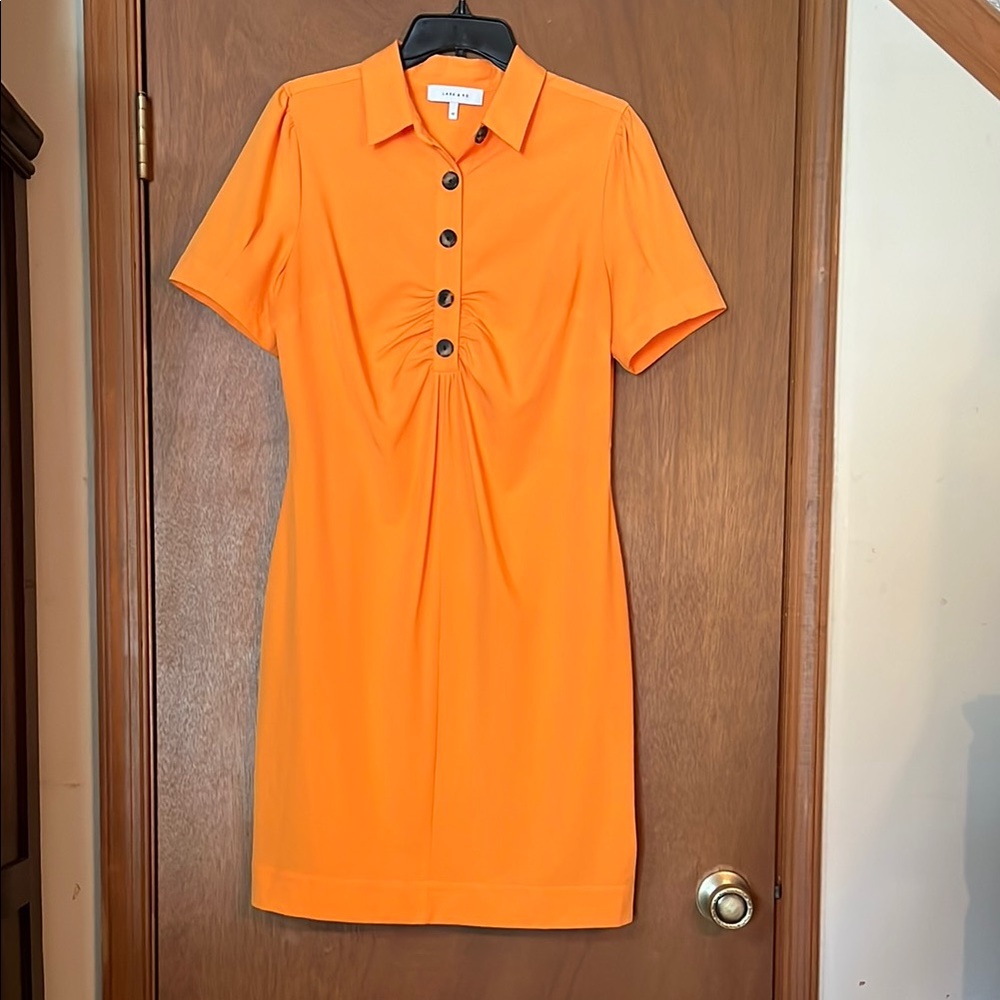 Tangerine orange dress with fitted sleeves and tortoise shell button front